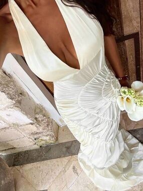 Elegant White Halter Ruched Maxi Dress